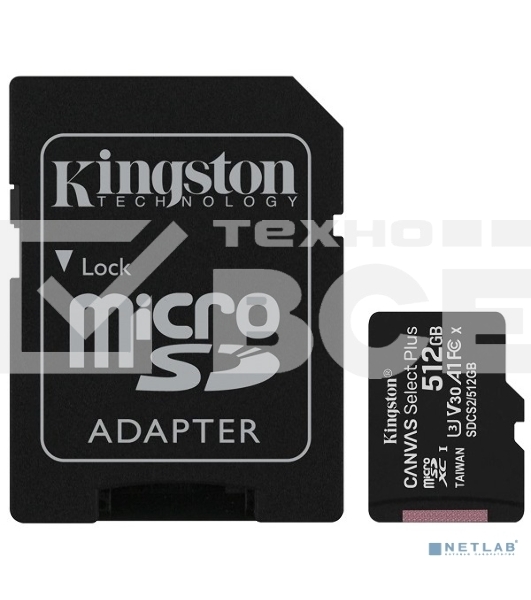Флеш карта microSDHC 512GB microSDXC Class10 Kingston <SDCS2/512GB> UHS-I Canvas Select up to 100MB/s с адапт.