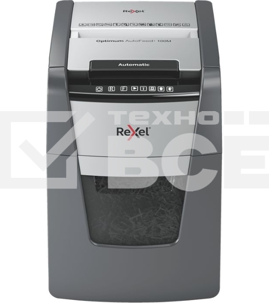 Шредер Rexel Optimum AutoFeed 100M черный с автоподачей (секр.P-5)/фрагменты/100лист./34лтр./скрепки/скобы/пл.карты