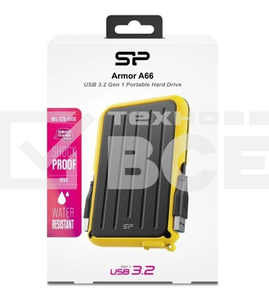 Внешний HDD 2.5' 2.0Tb Silicon Power Armor A66 SP020TbPHD66SS3Y черно-желтый (USB3.2, прорезиненный, противоударный MIL-STD-810G, пыле-влагозащищенный IPX4)