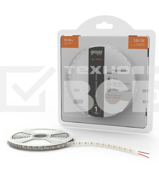 Лента Basic 12V 10W/m 700lm/m 3000K IP65 LED 5m 1/100