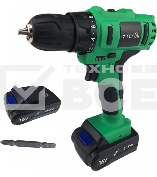 Дрель-шуруповерт Zitrek Greenpower 16-Li 063-4075, Аккумуляторная, 16В, 2 АКБ, Кейс