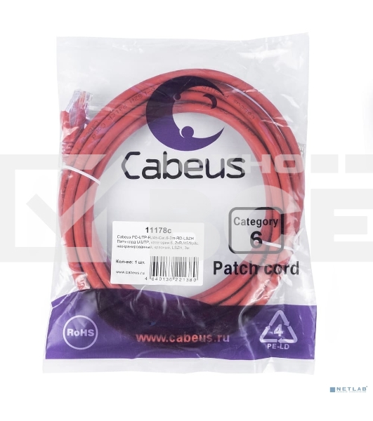 Патч-корд Cabeus PC-UTP-RJ45-Cat.6-3m-RD-LSZH U/UTP, кат.6, 2xRJ45/8p8c, неэкранированный, красный, LSZH, 3м