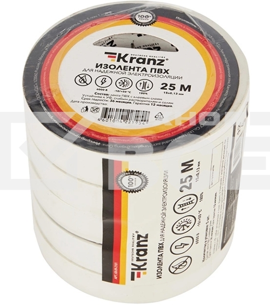 Изолента ПВХ KRANZ 0.13х15 мм, 25 м, белая (5 шт./уп.)