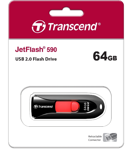 Флешка USB Transcend JetFlash 590 (TS64GJF590K), 64Gb, USB 2.0, R/W 25/15, черный/красный