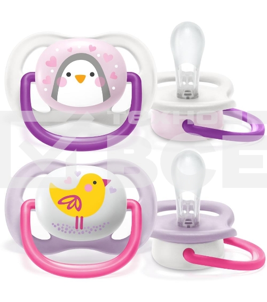 Пустышка Philips ultra air Lime, Пингвин/Птичка, 0-6 мес, 2 шт, для девочек