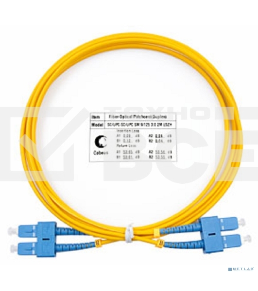 Комм. шнур оптический Cabeus Tight Buffer, Duplex SC/SC, OS2 9/125, LSZH, 2м, d= 2мм, синий хвостовик, желтый
