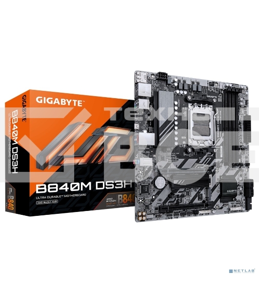 Материнская плата Gigabyte B840M DS3H, AM5, AMD B840, 4xDDR5, 4xSATA, 2xM.2, 1xPCIe 4.0 x16, 1xPCIe 3.0 x4, 2xDP, 1xHDMI, 1x2.5Gb LAN, 3xUSB-A 5Gbps, 8xUSB-A 2.0, 1xUSB-C 5Gbps, 3x3.5 мм, 7.1, mATX