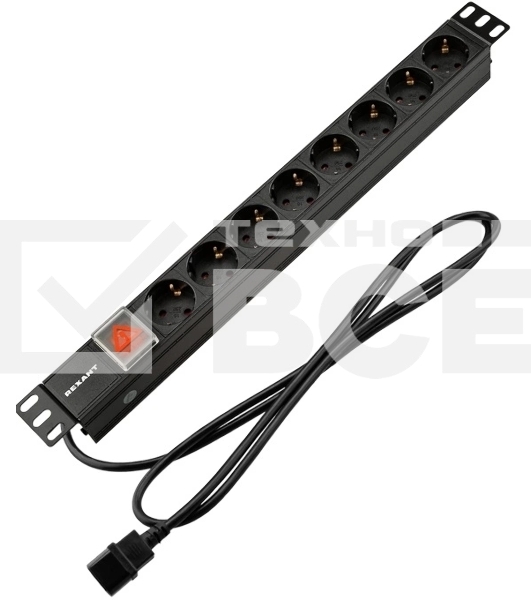 Блок распределения питания Rexant для 19' шкафов, горизонтальный, 8 розеток СЕЕ 7/4, 10A, выкл, алюм корп, шнур 2м, вилка C14
