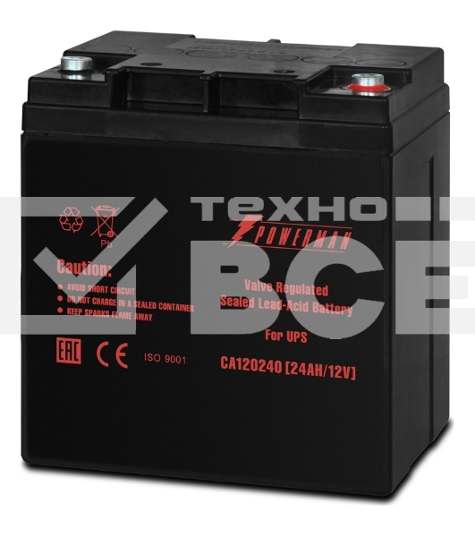 Батарея Powerman Battery CA12240, напряжение 12В, емкость 24Ач, макс. ток разряда 360А, макс. ток заряда 7.2А, свинцово-кислотная типа AGM, тип клемм M1, Д/Ш/В 166/126/174, 8.4 кг. Battery POWERMAN Battery CA12240, voltage 12V, capacity 24Ah, max. dischar