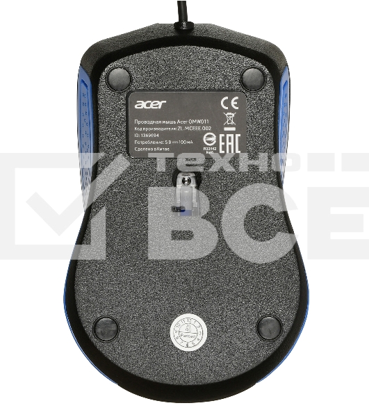 Мышь проводная Acer OMW011 черный/синий, 1200 dpi, USB, кнопки - 3