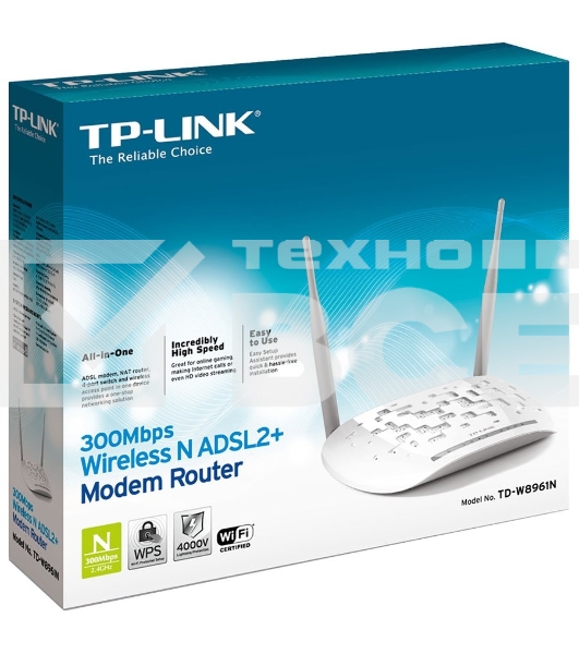 Сетевое оборудование TP-Link SOHO TD-W8961N(RU) 300 Мбит/с, 2T2R, ADSL2/ADSL+, Annex A, 4 порта 100 Мбит/с