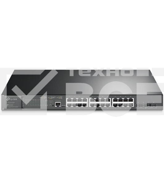 Коммутатор TP-Link 24-port Gigabit Managed PoE switch with 4 10G SFP+ ports, support 802.3af/at PoE, 1 console port, 19-inch rack mount, support L2/L2+ features.