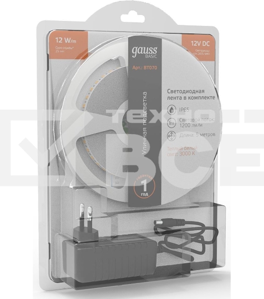 Лента Basic в комплекте 12V 12W/m 1200lm/m 3000K IP65 LED 5m 1/50