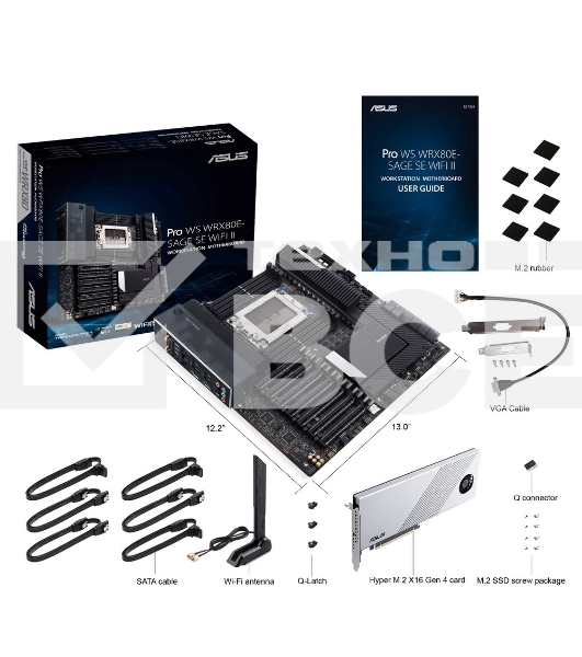 Материнская плата ASUS Pro WS WRX80E-SAGE SE WIFI II, sWRX8, AMD WRX80, 8xDDR4, 8xSATA, 3xM.2, 7xPCI-E 4.0 x16, 2xRJ-45 10Gb, 8xUSB 3.2 Gen 2, 1xUSB 3.2 Gen 2, 1xUSB 3.2 Gen 2x2, 5x3.5 мм, 7.1, E-ATX