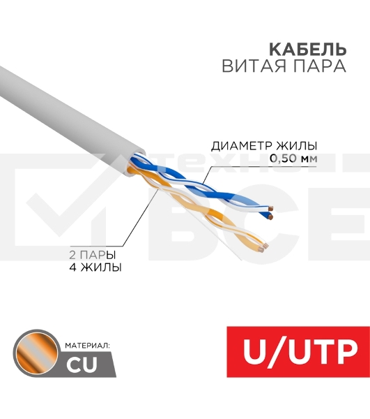 Кабель витая пара Rexant U/UTP, cat.5e, PVC, 2PR, 24AWG, INDOOR, SOLID, серый, 305м