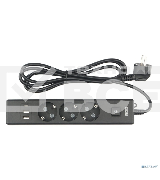 Бытовой удлинитель PowerCube, 3 р с/з вык.,3USB, 3500 Вт, 16А, 1.9 м, 3x1,0 черный PC-6B-2M