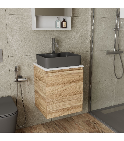 Тумба Bau Dream Blackwood 50 с дверцей, раковина BAU Cerama 48х37 темно-серая матовая, смеситель Hotel Dream, нерж. сталь