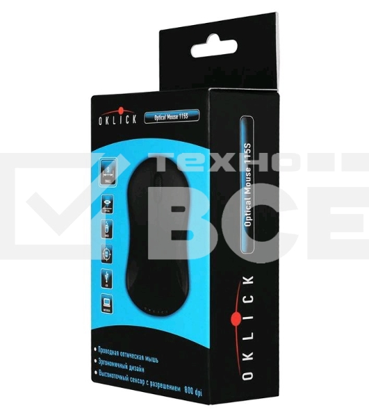 Мышь проводная Oklick 115S черный, 1200 dpi, USB, кнопки - 3