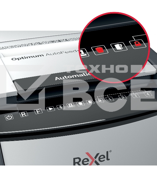 Шредер Rexel Optimum AutoFeed 100M черный с автоподачей (секр.P-5)/фрагменты/100лист./34лтр./скрепки/скобы/пл.карты