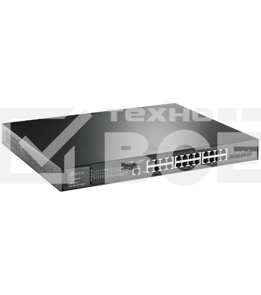 Коммутатор TP-Link 24-port Gigabit Managed PoE switch with 4 10G SFP+ ports, support 802.3af/at PoE, 1 console port, 19-inch rack mount, support L2/L2+ features.