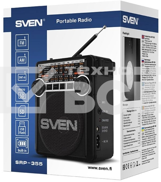 Радиоприемник АС SVEN SRP-355, черный (3 Вт, FM/AM/SW, USB, SD/microSD, фонарь, встроенный аккумулятор) АС SVEN SRP-355, черный (3 Вт, FM/AM/SW, USB, SD/microSD, фонарь, встроенный аккумулятор)