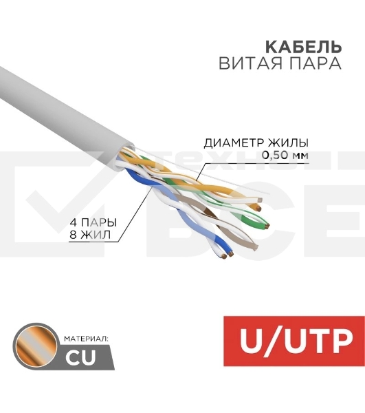 Кабель витая пара Rexant U/UTP, категория 5e, ZH нг(А)-HF, 4PR, 24AWG, внутренний, серый, 305 м