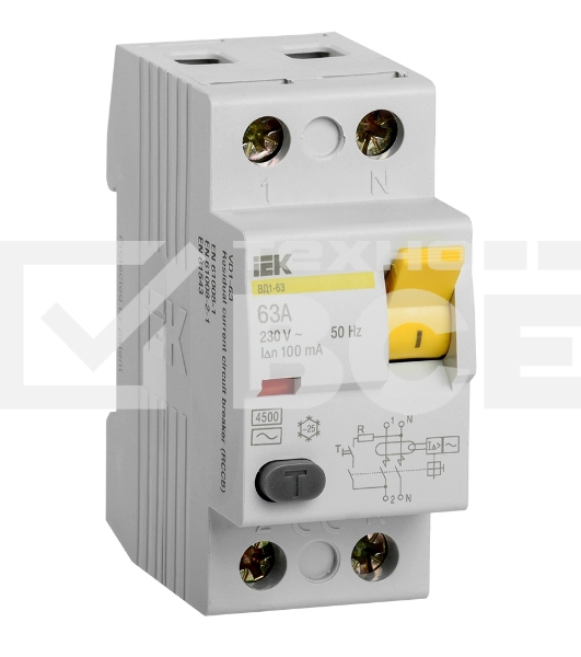 Выключатель дифференциального тока (УЗО) Iek MDV10-2-063-100 ВД1-63 2Р 63А 100мА ИЭК