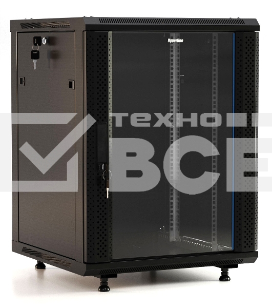 Шкаф коммутационный Hyperline (TWB-FC-1566-GP-RAL9004) напольный 15U 600x600мм пер.дв.стекл 60кг черный IP20 сталь