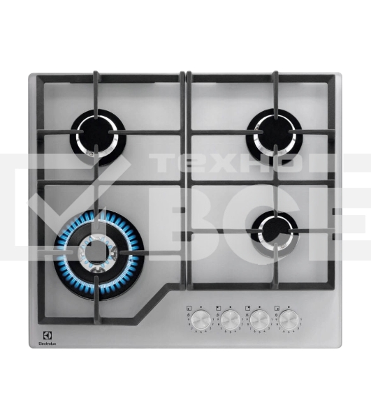 Газовая варочная поверхность ELECTROLUX KGG64362S газ на стекле, 2 чугунных держателя, газконтроль варочной поверхности, интегрированный автоподжиг варочной поверхности, конфорки: Конфорка ускоренного нагрева, средней мощности, Конфорка ускоренного нагрева, средней мощности, WOK конфорка, Конфорка ускоренного нагрева, стандартной мощности,