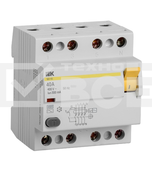 Выключатель дифференциальный тока Iek MDV10-4-040-300 УЗО ВД1-63 4Р 40А 300мА ИЭК