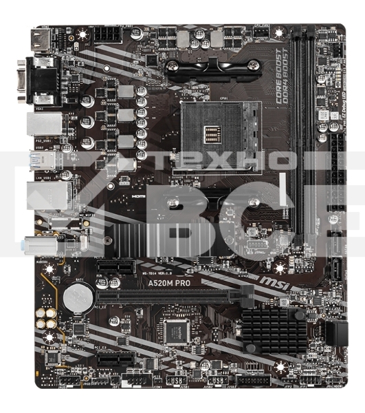 Материнская плата MSI A520M PRO, AM4, AMD A520, 2xDDR4, 4xSATA, 1xM.2, 1xPCIe 3.0 x16, 1xDVI-D, 1xHDMI, 1x 1Gb LAN, 2xUSB 2.0, 4xUSB 3.2 Gen 1, 3x3.5 мм, 7.1, mATX
