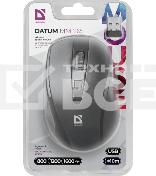 Мышь беспроводная Defender Datum MM-265 черный, 1600 dpi, радиоканал, USB, кнопки - 4