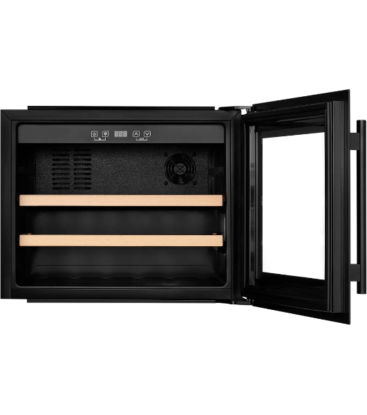 Винный шкаф Kuppersberg RBW 45, встраиваемый, High-Tech, объем 62 л, вместимость 28 бутылок, диапазон температуры 5-20 градусов, 2 полки из бука, LCD дисплей, уровень шума 40 дБ, черный