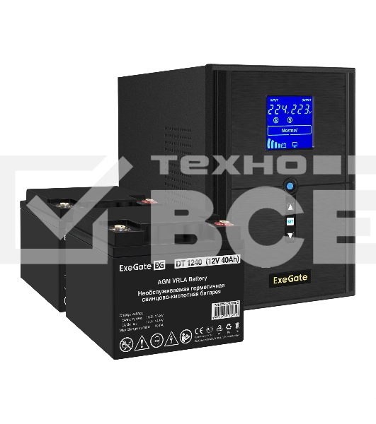 Комплект ИБП EX295989RUS + батарея 40Aч EX282976RUS 2шт (инвертор, синус, для котла) ExeGate SineTower SZ-2000.LCD.AVR.3SH.1C13.USB <2000VA/1600W, чистый синусоида, LCD дисплей, AVR, 3*Schuko+1*C13, USB, линейно-интерактивный, Black> + батарея ExeGate DT 