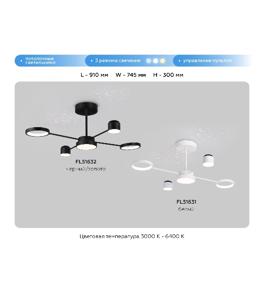 Потолочный светодиодный светильник с пультом Ambrella light FL51631/4+1 WH белый 3000K-6400K 48W 910*745*300 (ПДУ ИК)