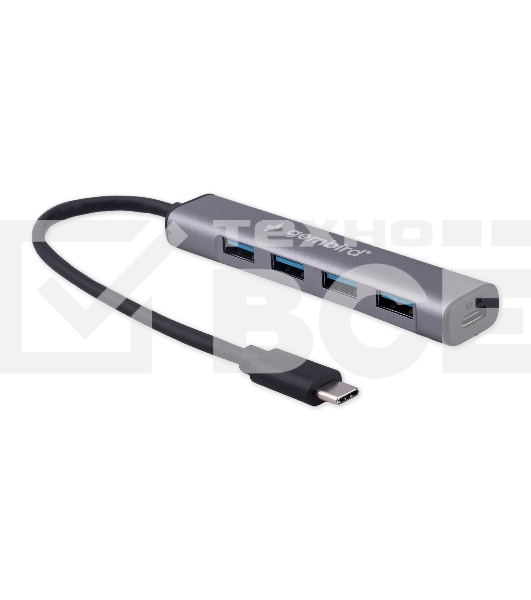 Разветвитель USB3.1 Gembird UHB-C474, 4хUSB, с доп.питанием (порт Type-C), кабель Type-C 19см, алюминий, коробка