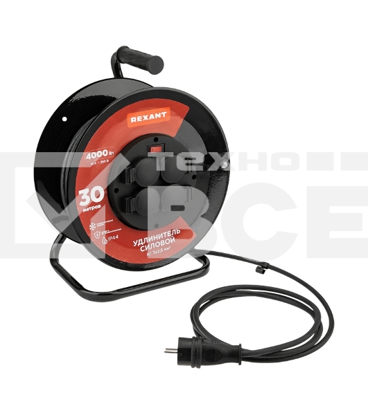 Удлинитель силовой КГ на катушке 4 гнезда Rexant с/з, 30 м, 3х2,5 мм², IP44 с выключателем, c защитными крышками, металлическая катушка
