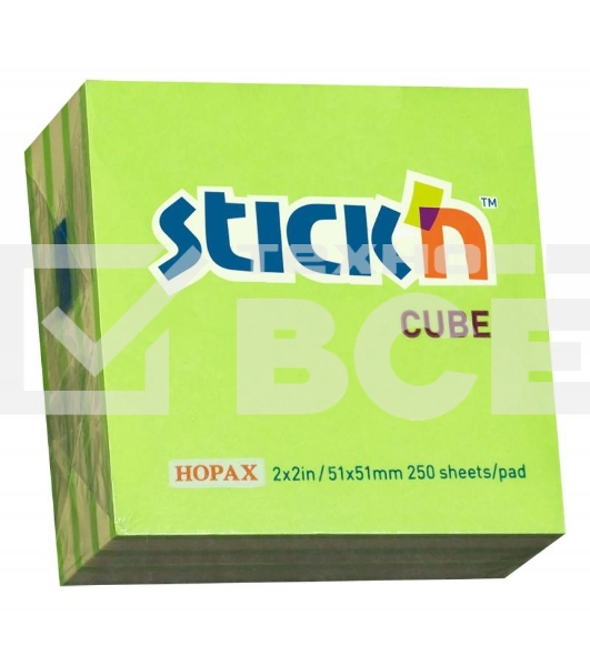 Блок самоклеящийся бумажный Stick`n 21339 51x51мм 250лист. 70г/м2 неон+пастель зеленый 2цв.в упак.