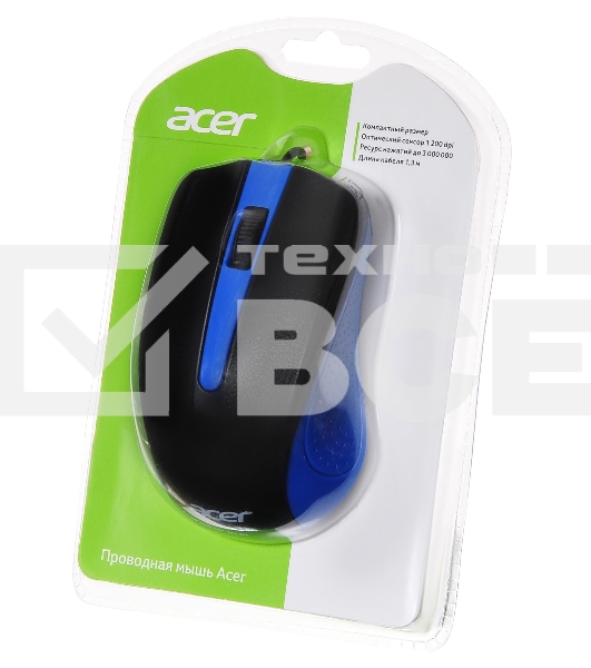 Мышь проводная Acer OMW011 черный/синий, 1200 dpi, USB, кнопки - 3