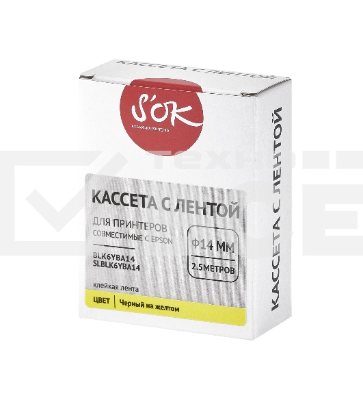 Кассета с лентой S'OK by Sakura Printing BLK6YBA14 для Epson, черный на желтом, φ14мм/2.5м