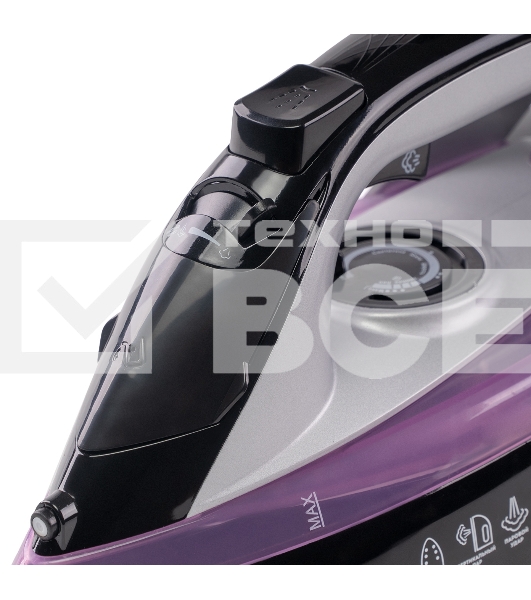 Утюг Galaxy Line GL 6128, фиолетовый с черным, паровой, 2200 Вт, постоянный пар 30 г/мин, паровой удар 140 г/мин, функции: самоочистка, антикапля, антинакипь, функция увлажнения, вертикальное отпаривание, защита от перегрева,  индикатор нагрева, керамичес