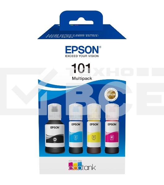 Чернила оригинальные Epson 101 / C13T03V64A мультипак, черный 127 мл., голубой, пурпурный, желтый - 210 мл. для Epson