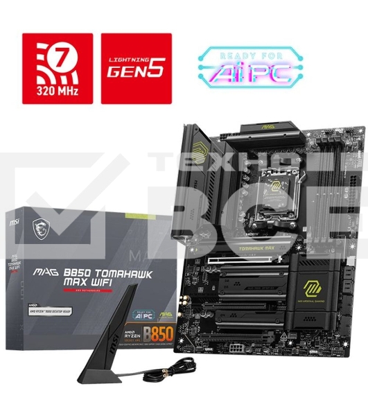 Материнская плата MSI MAG B850 TOMAHAWK MAX WIFI, AM5, AMD B850, 4xDDR5, 4xSATA, 4xM.2, 3xPCI-E x16, 1xHDMI, 1x5Gb LAN, 2xUSB-A 5Gbps, 4xUSB-A 2.0, 3xUSB-C 10Gbps, 7.1, Wi-Fi 7, Bluetooth 5.4, ATX