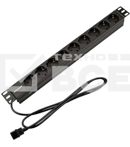 Блок распределения питания Rexant для 19' шкафов, горизонтальный, 9 розеток СЕЕ 7/4, 10A, без выкл, алюм корп, шнур 2м, вилка C14