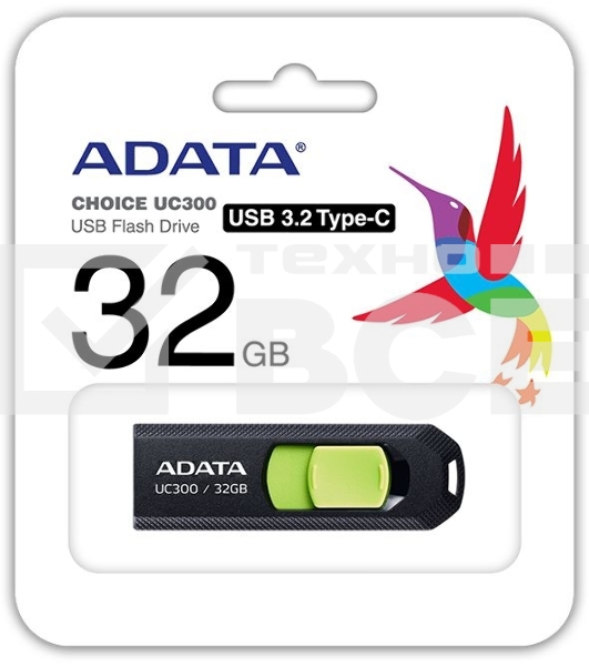Флешка USB ADATA UC300 (ACHO-UC300-32G-RBK/GN), 32Gb, Type-C USB 3.2, R/W 100/30, черный/зеленый