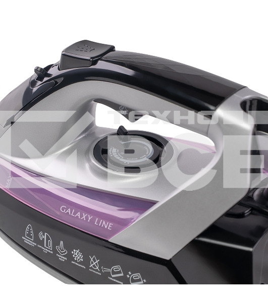 Утюг Galaxy Line GL 6128, фиолетовый с черным, паровой, 2200 Вт, постоянный пар 30 г/мин, паровой удар 140 г/мин, функции: самоочистка, антикапля, антинакипь, функция увлажнения, вертикальное отпаривание, защита от перегрева,  индикатор нагрева, керамичес