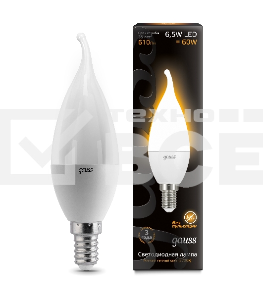 Лампа светодиодная GAUSS 104101107LED Candle tailed E14 6.5W 2700K