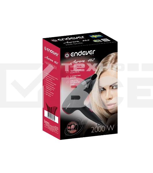Фен Endever  Aurora 462, 2000Вт, 2 режима мощности, 3 температурных режима, холодный воздух, SOFT TOUCH, защита от перегрева