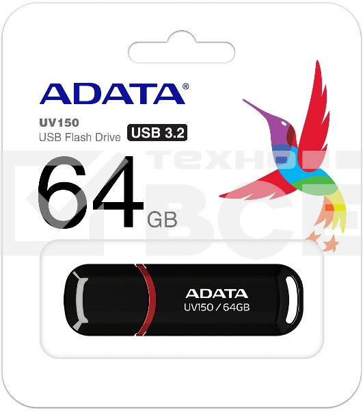 Флешка USB ADATA UV150 (AUV150-64G-RBK), 64Gb, USB 3.0, R/W 100/40, черный