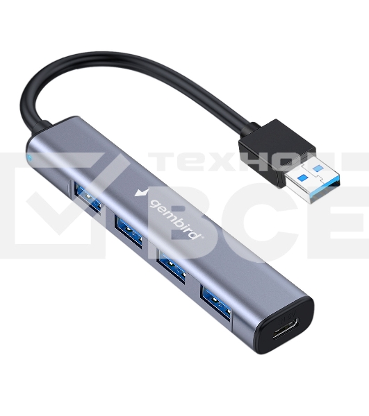 Разветвитель USB3.1 Gembird UHB-C484, 4хUSB, с доп.питанием (порт Type-C), кабель USB 19см, алюминий, коробка